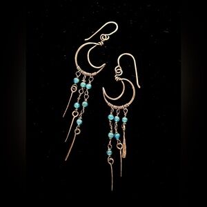 HAND CRAFTED Crescent Moon Apatite Wire Wrapped Copper Whimsical Dangle Earrings